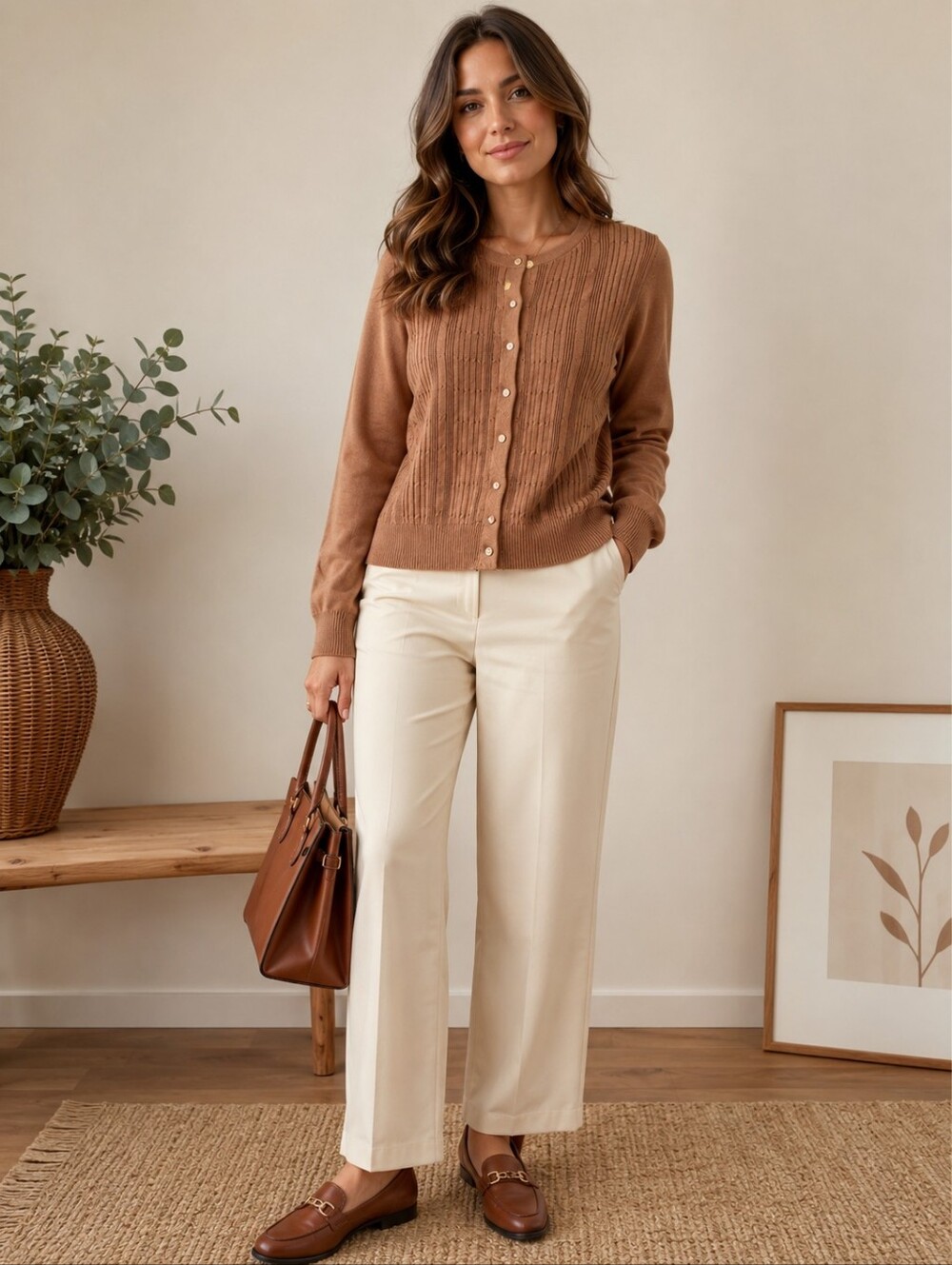 Scarlett Tan Knit Cardigan with Crystal Buttons